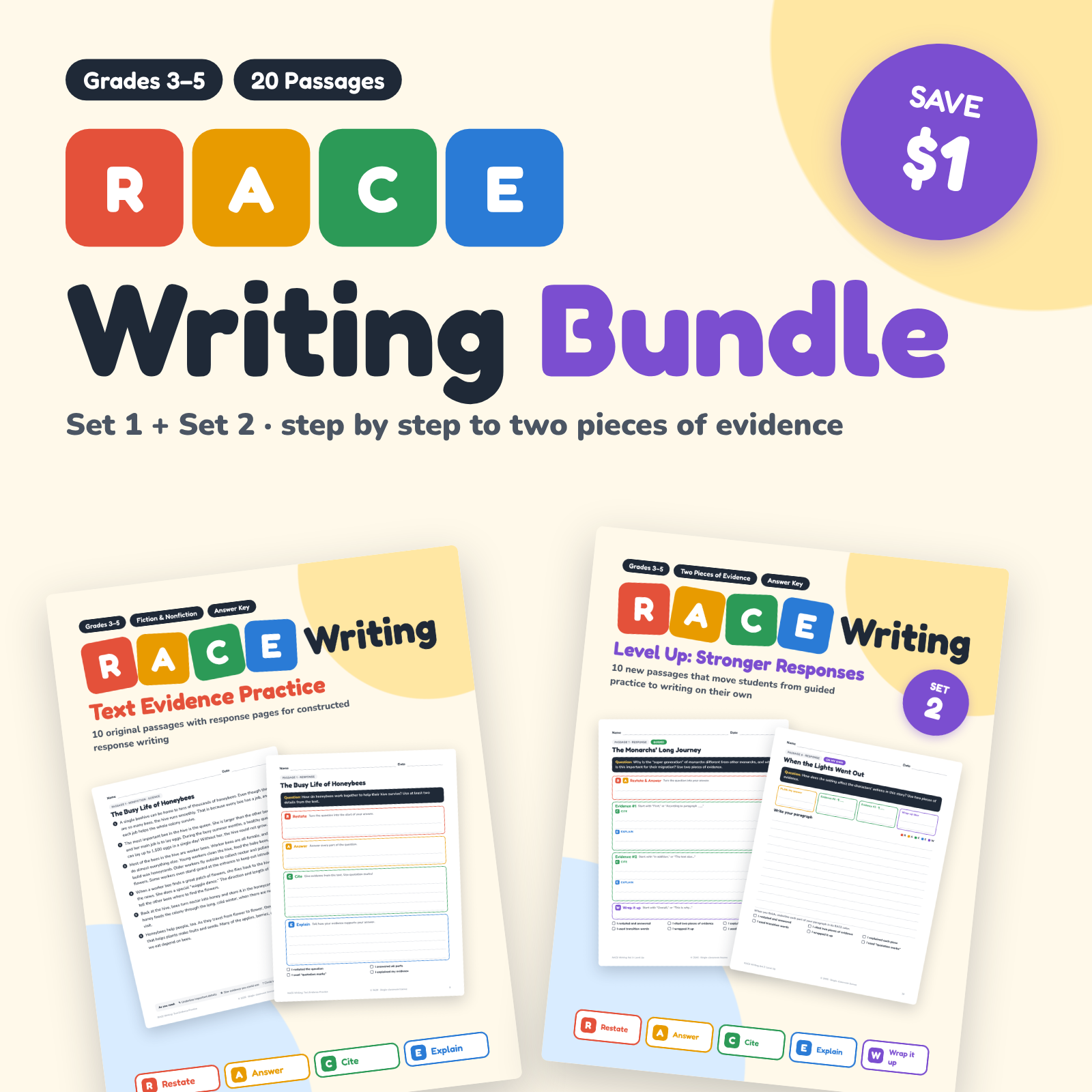 Cover of the RACE Writing Bundle, showing the Set 1 and Set 2 covers
