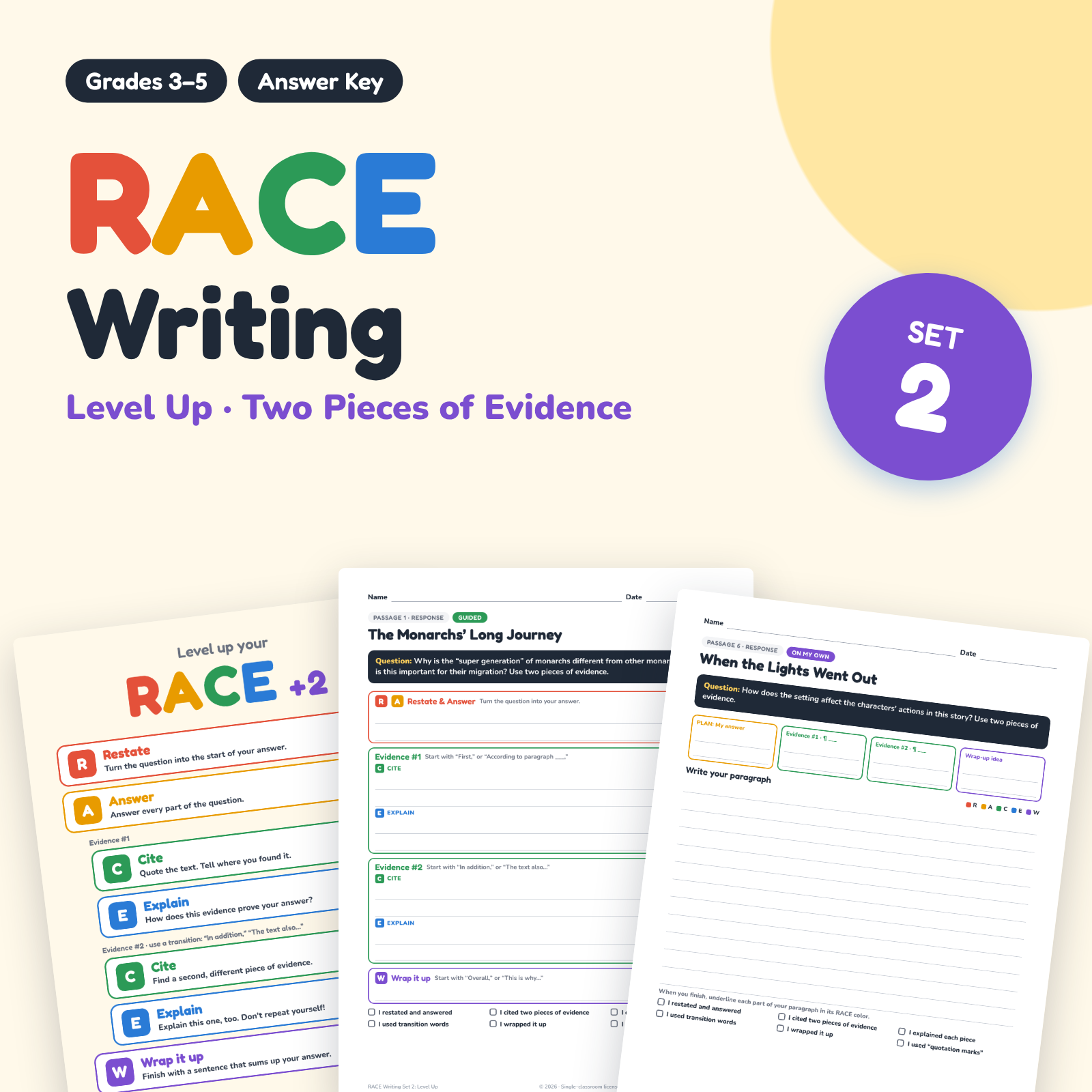 Cover of RACE Writing Set 2: Level Up, showing a guided response page and an independent paragraph page