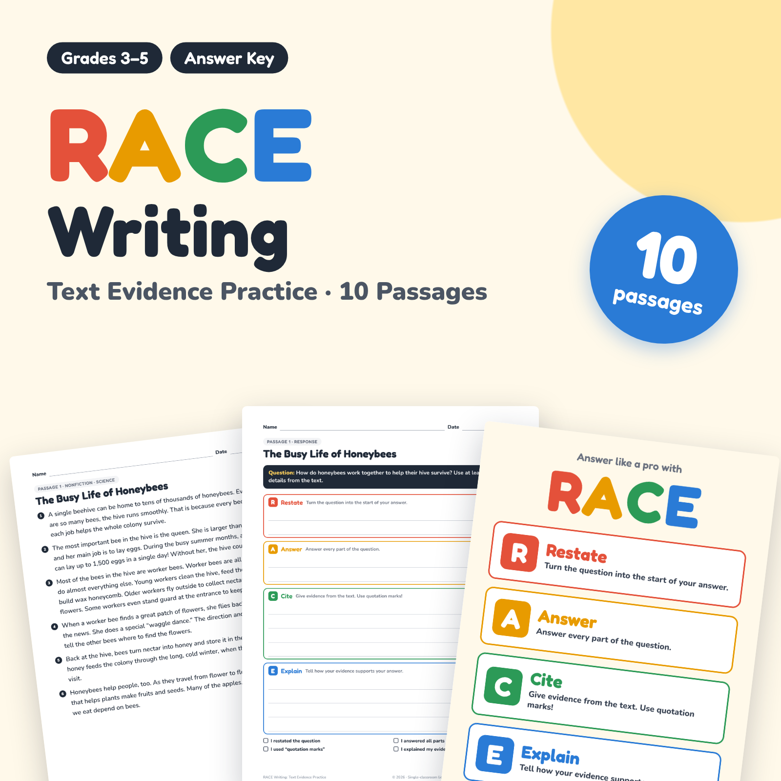 Cover of RACE Writing: Text Evidence Practice, showing a passage page and a color-coded response page